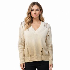 27 Miles Sweater Womens XS Beige Distressed V Neck Knit Cotton Pullover